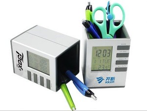 Wholesale Custom Pen Holder Recycling, Pen Holder with Digital Clock,Pen Holder with Leather