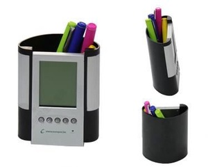 Wholesale Custom Pen Holder Recycling, Pen Holder with Digital Clock,Pen Holder with Leather