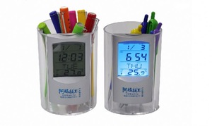 Wholesale Custom Pen Holder Recycling, Pen Holder with Digital Clock,Pen Holder with Leather