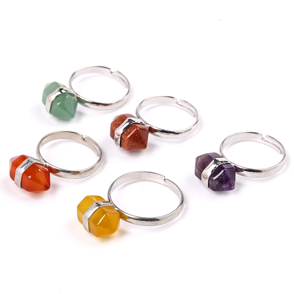 Wholesale Colorful Natural Hexagonal Crystal Stone Ring